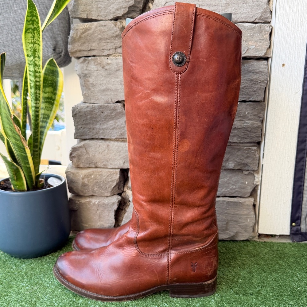 Frye Tall Leather Riding Boots in Cognac Brown